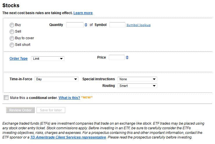 Screenshot of TDAmeritrade's Order Screen